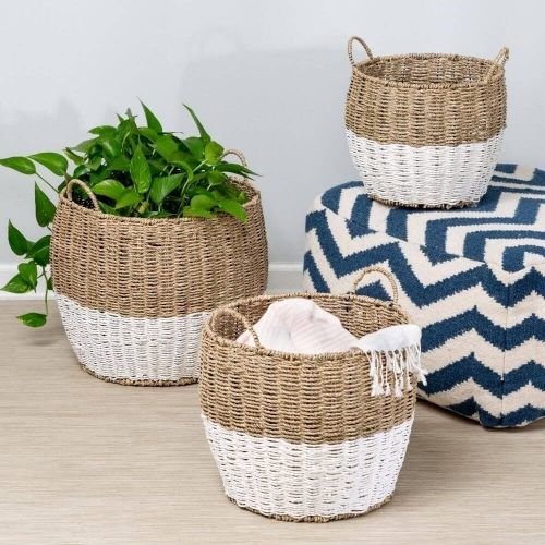 White Dipped Seagrass Round Storage Basket Set of 3
